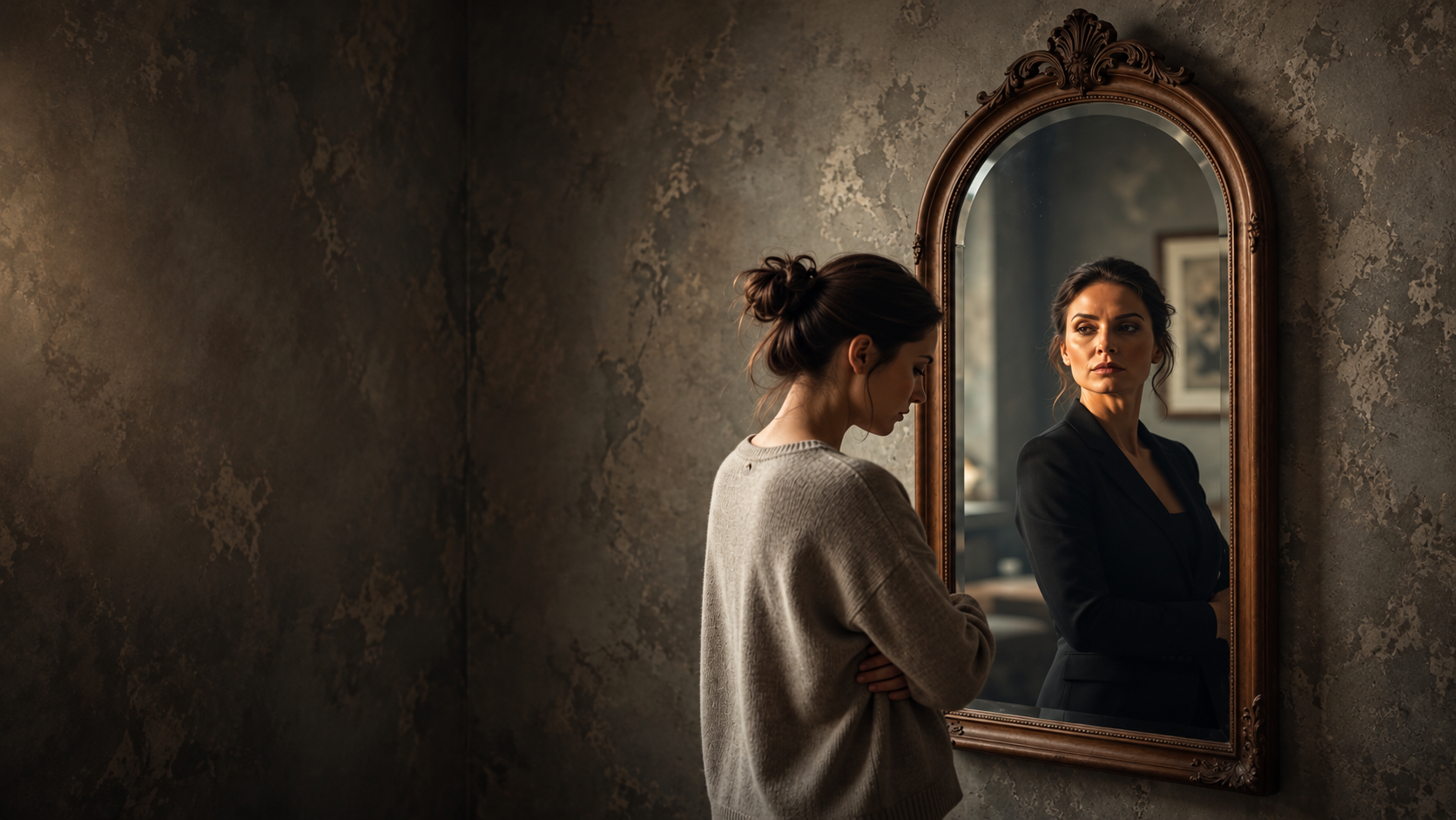 A woman in a soft knit sweater faces an antique mirror; her reflection stands tall in a tailored black blazer